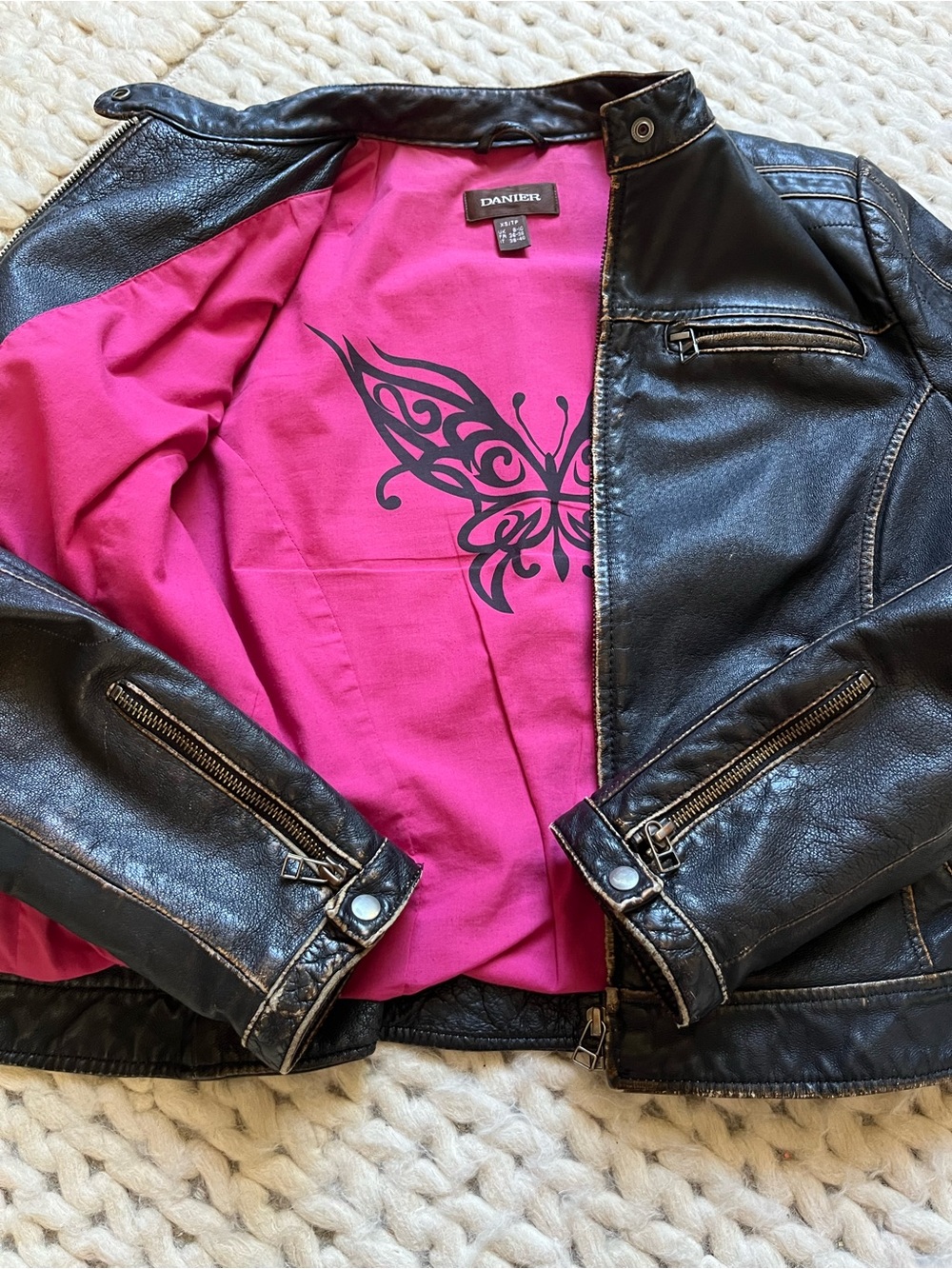 Danier Leather Jacket with Pink Butterfly Lining | xsmall